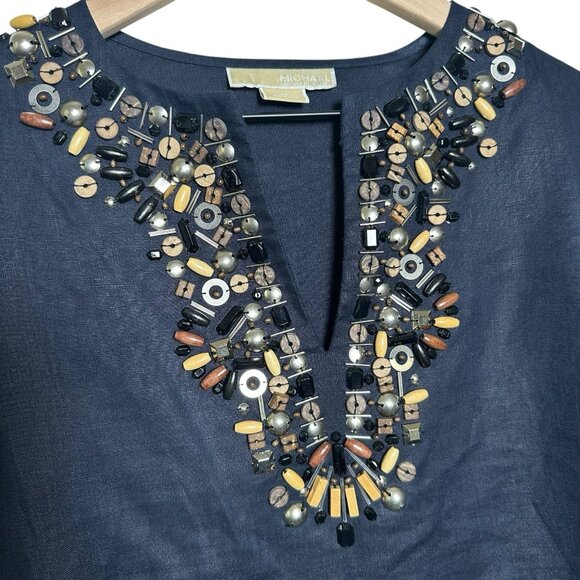 Michael Kors Small Navy 100% Linen Tunic Shirt Embellished Top 3/4 Sleeve Office - Picture 6 of 10